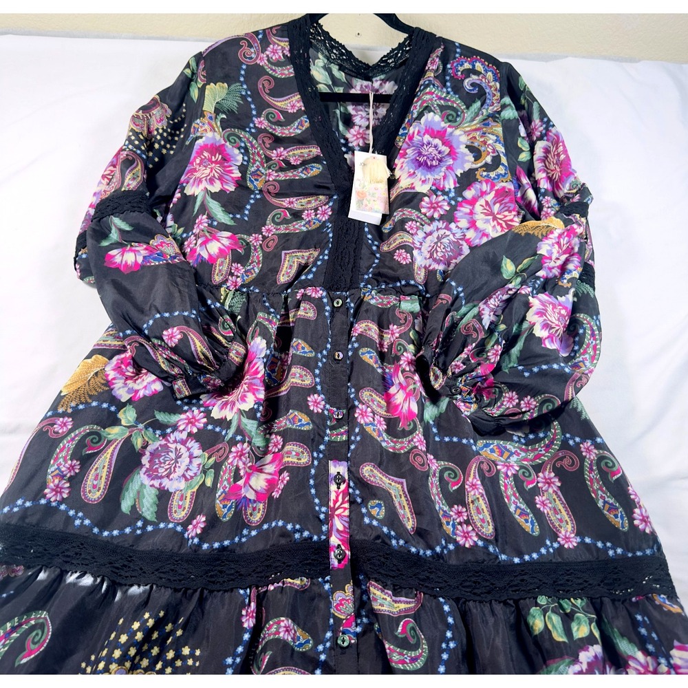 Johnny Was Dress Women XL Leda Camino Serra Silk Lace Boho Floral Sheer Midi New